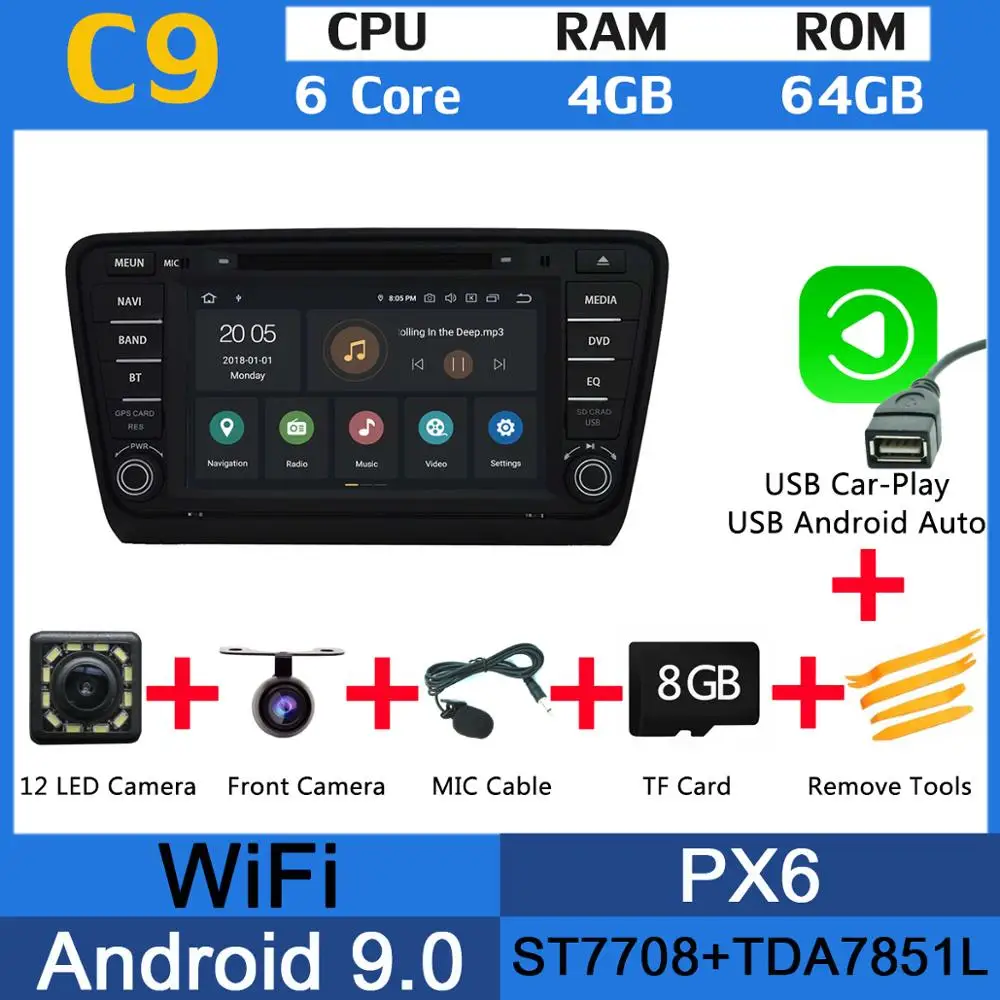 Android 9,0 PX6 4G+ 64G Автомобильный DVD Радио gps для Skoda OCTAVIA DSP Авто CarPlay головное устройство мультимедиа - Цвет: PX6 USB CarPlay