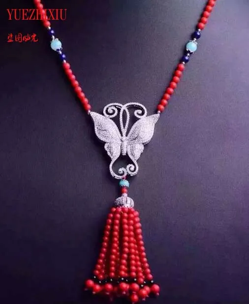 

Women 925 Silver 6mm red Coral Butterfly Natural Zircon Fringed Long Necklace Pearl Pendant luxury sweater chain 32inch