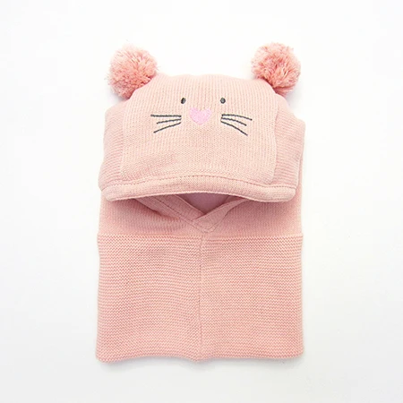 Pink Cat Baby hat Детская зимняя шапка, теплая вязаная детская шапочка для девочек и мальчиков, шапка с помпоном, шарф, теплая флисовая подкладка, милые детские шапки с медвежьими ушками - Цвет: Pink Cat Baby hat