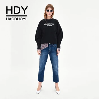 

HDY Haoduoyi 2019 Simple And Casual Front Placket Letter Printing Long Sleeve Short Burrs Fashion Sports Style Sweatshirt