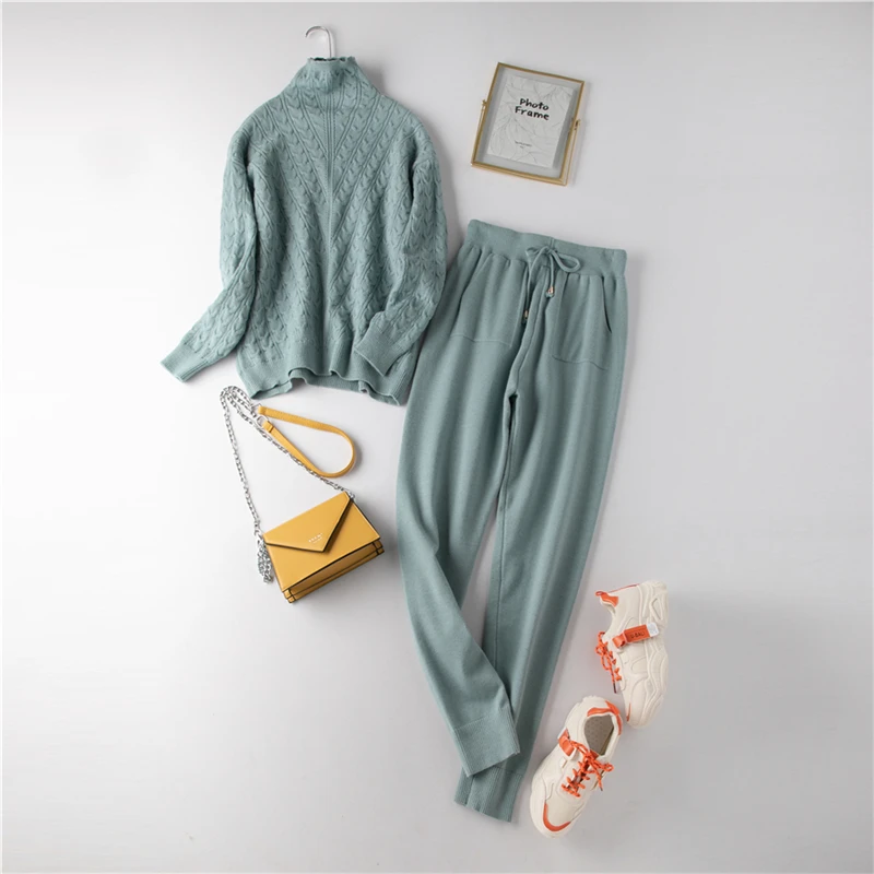 pea green INITIALDREAM женский свитер костюм осень и зима вязаный спортивный костюм водолазка джемпер пуловеры+ брюки комплект из двух предметов - Цвет: pea green