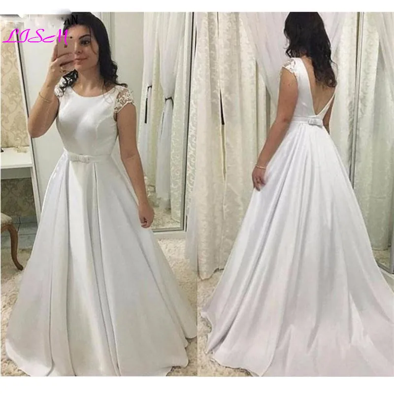 

Simple Satin Wedding Dress Scoop Cap Sleeves Floor Length Backless Wedding Gown Sash Bow White Ivory Plus Size Vestido De Noiva