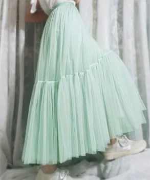 

Skirt Summer 2020 New Fashion Sweet Stitching Mesh Skirt Pleated Elastic Mid-length Solid Mint Long Party Beach Skirt
