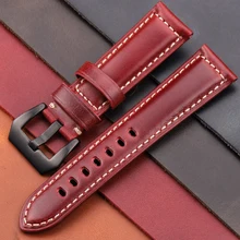 Genuine Leather Watchband Bracelet 20 22 24 26mm Women Men Oil Wax Cowhide Blue Green Red Brown Wach Band Strap Steel Buckle
