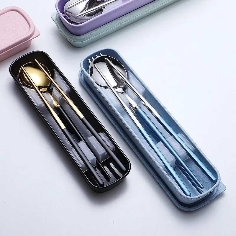 304 Stainless Steel Hollow Handle Portugal Portable Tableware Colorful Color Plated Mute Travel And Fork Spoon Chopsticks Box Se