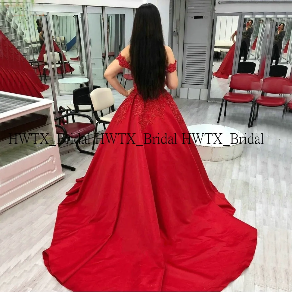 HWTX_Bridal красное сатиновое вечернее платье со шлейфом с открытыми плечами бисером аппликации размера плюс ТРАПЕЦИЕВИДНОЕ длинное женское вечернее платье на заказ