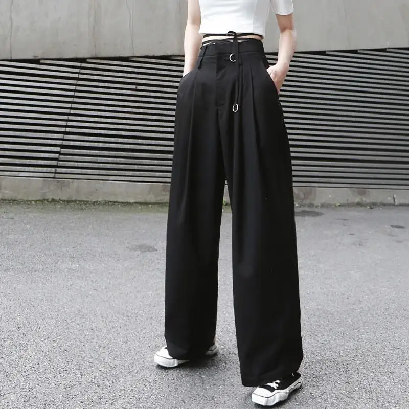 

Fashion 2019 New Button Brief Bandage Trousers Women Loose High Waist Long Wide Leg Pants