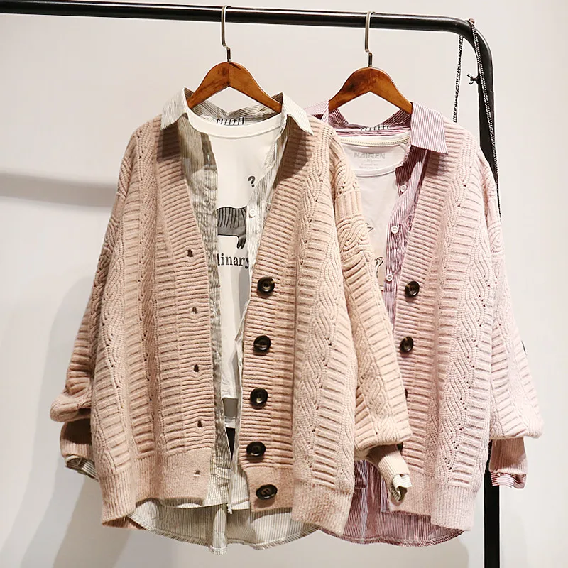 H. SA осенне-зимний вязаный свитер и кардиганы для женщин Свободный вязаный кардиган с открытой строчкой розовый джемпер зимний свитер пальто для женщин