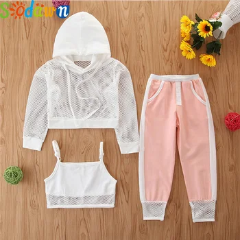 

Sodawn Girls Set New Summer Long Sleeve Mesh Sportswear Hoodie Jacket + Camisole + Trousers 3Pcs Toddler Kids Clothes