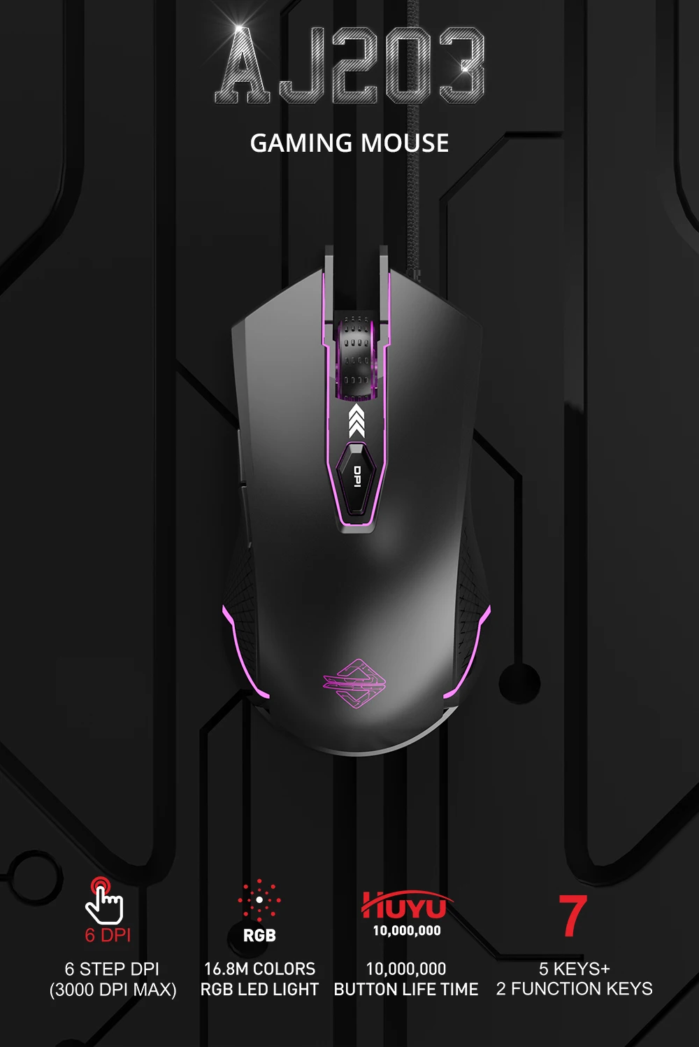 Ajazz AJ203 Проводная игровая мышь Esport 7 клавиш эргономичная RGB подсветка USB макро 3000 dpi регулируемая с мощным игровым двигателем