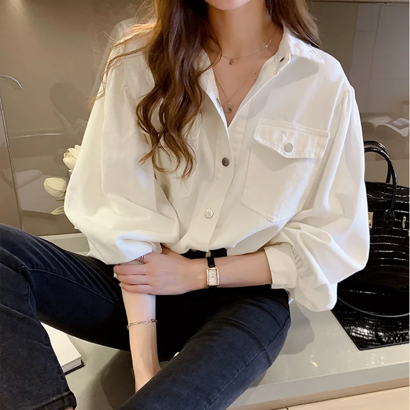 Blusa holgada de estilo coreano con manga larga para Primavera, camisa elegante estilo Vintage para mujer, con bolsillos