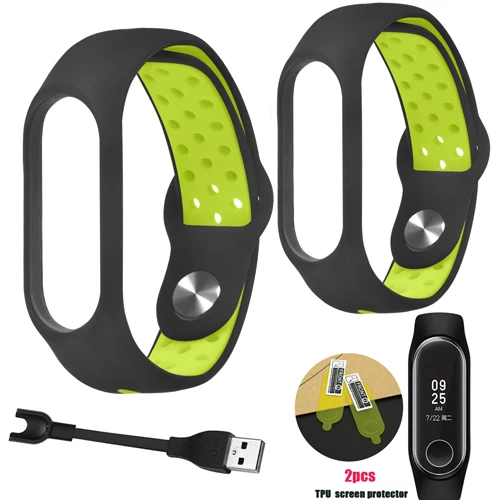 green-2pcs YHNUJM 2pcs Screen film Protector+USB Charging Cable+Mi Band 3 Wrist Straps For Xiaomi Mi Band 3 Smart Wristband - Цвет: green-2pcs