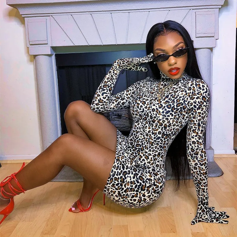SUCHCUTE Tiger платье для женщин с высоким горлом Modis Bodycon осень зима с перчатками уличная Женская одежда Вечерние платья