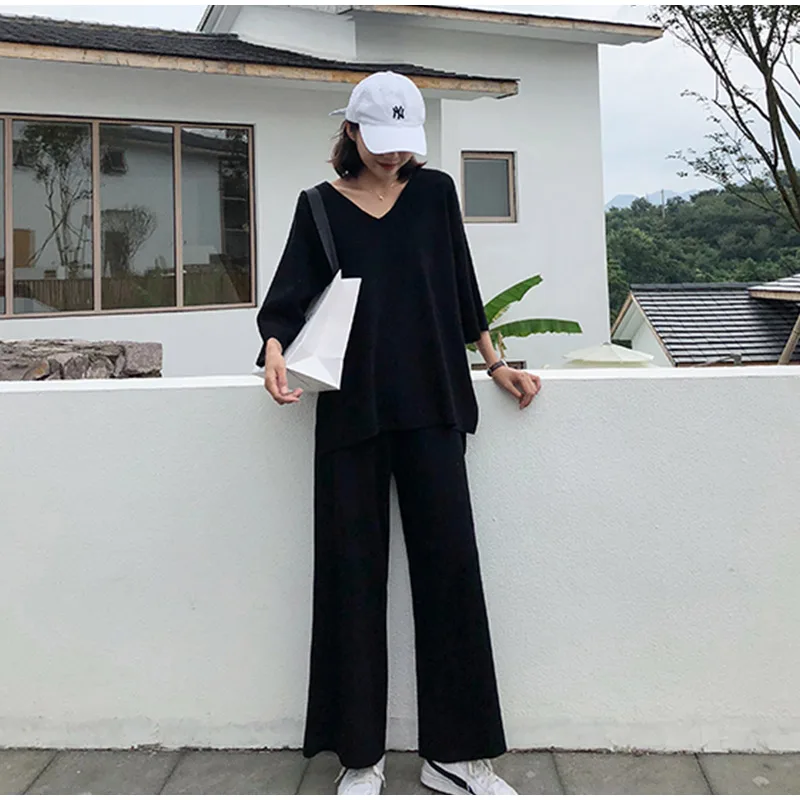 Женский комплект из 2 предметов, 4XL, вязаный свитер, широкие штаны для женщин, комплект из двух предметов, вязаный пуловер с v-образным вырезом, топ и штаны, два комплекта для женщин