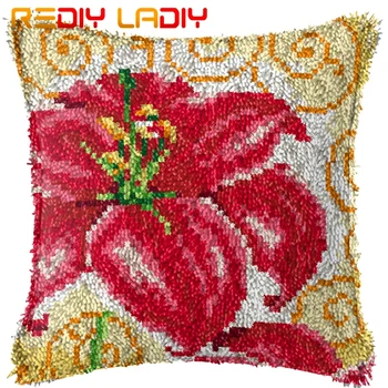 

Latch Hook Cushion Red Lily Flowers Pillow Case Printed Color Canvas Acrylic Yarn Latched Hook Pillow Crochet Cushion Cover Kits