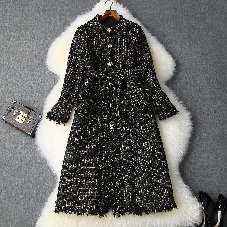 Женское зимнее твидовое пальто с разноцветными пуговицами, однобортное пальто с большими карманами, элегантные клетчатые пальто с кисточками, верхняя одежда черного цвета