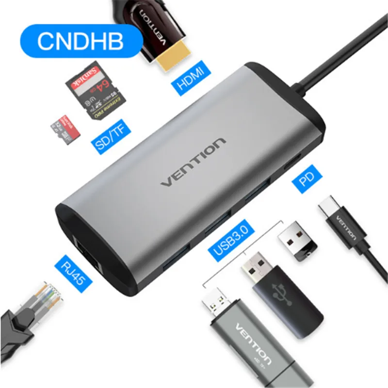 NEW-CND-8 in 1 Vention Thunderbolt 3 док-станция usb-хаб type C к HDMI USB3.0 RJ45 адаптер для MacBook samsung Dex S8/S9 huawei P20 Pro usb c адаптер - Цвет: NEW-CND-8 in 1