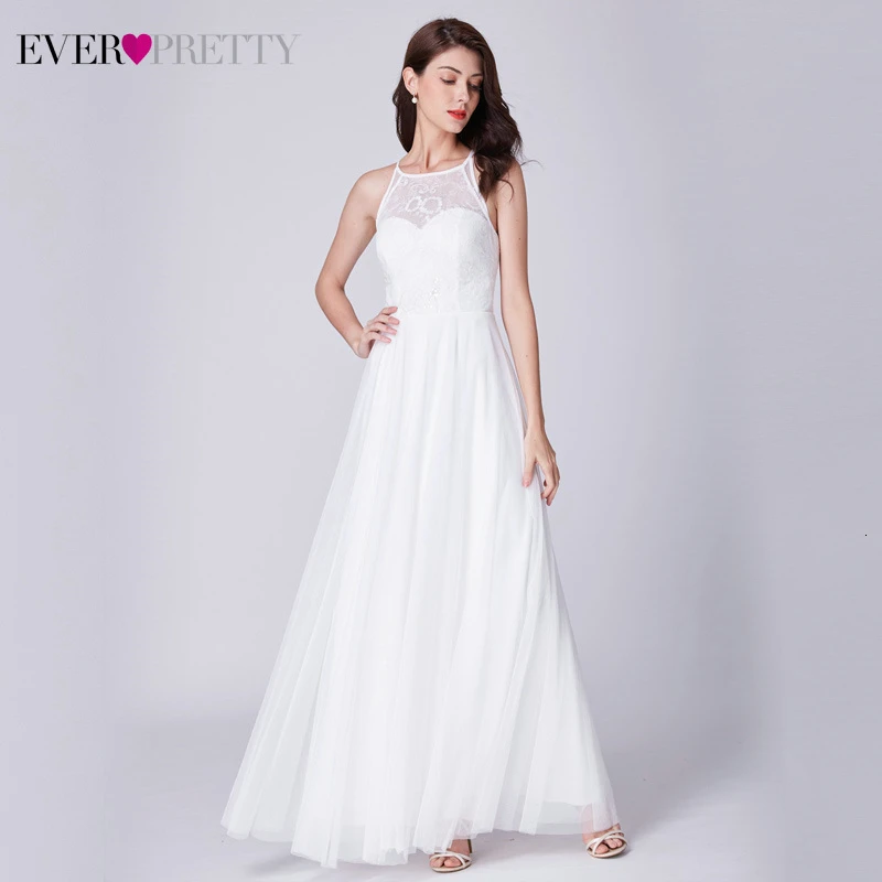 

Simple White Wedding Dresses Ever Pretty EP07514WH Lace A-Line O-Neck Sleeveless Tulle Beach Style Bride Gowns Vestido Novia