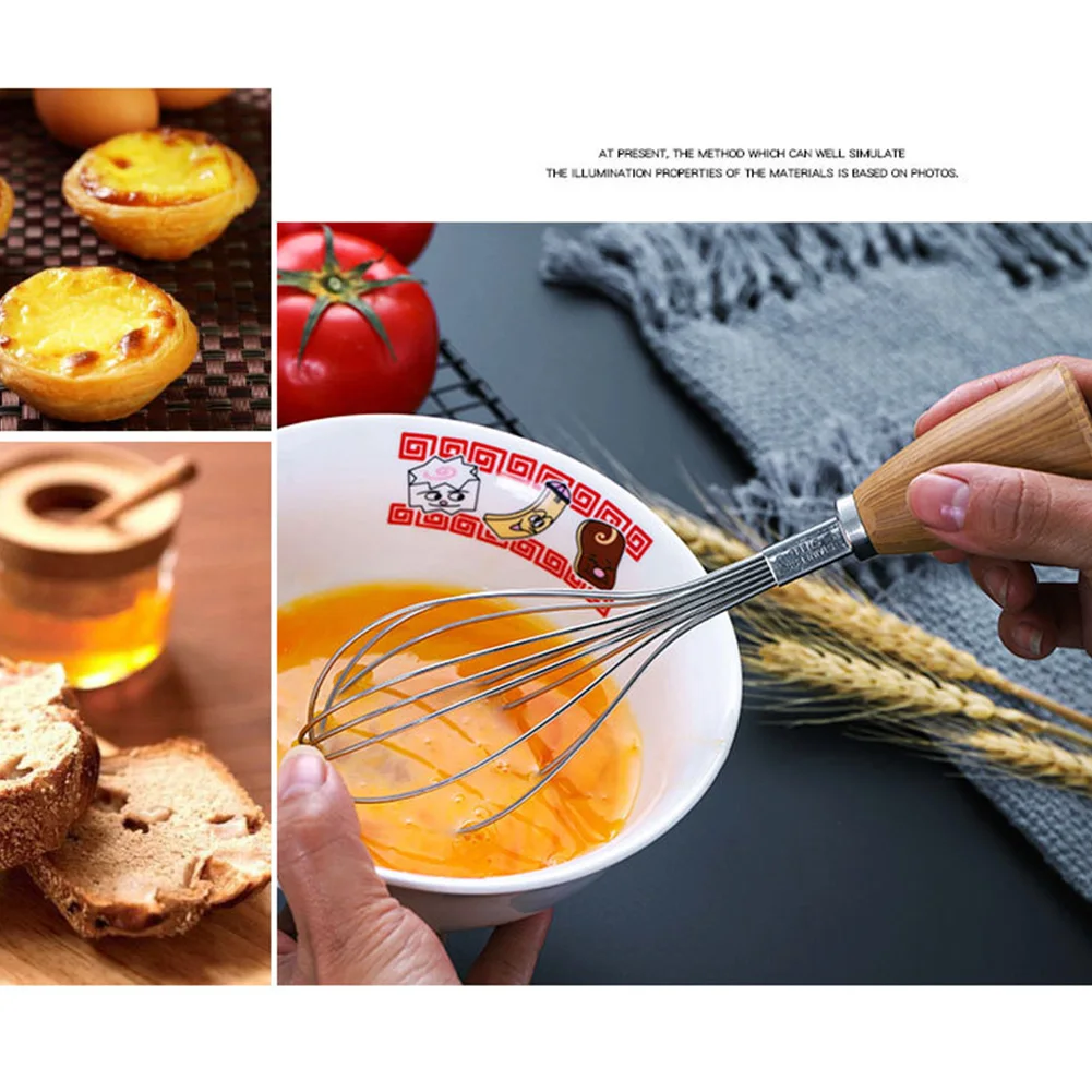 Household Beater Rotation Wooden Handle Whisk Mixture Manual Durable Stainless Steel Kitchen Home Baking Tool Cooking Bar