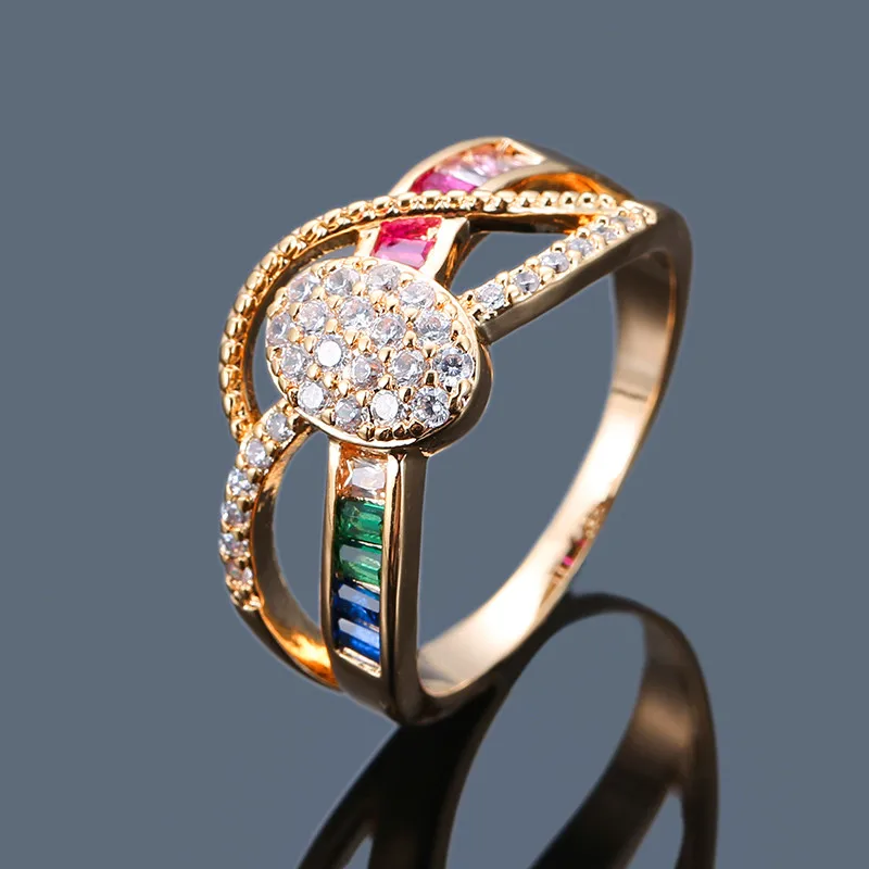 Boho Crystal Rainbow Stone Wedding Ring Fashion Ladies Colorful Zircon Cross Ring Cute Silver Yellow Gold Color Engagement Ring