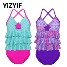 YiZYiF/Детский костюм Одежда для девочек танкини, Русалочка, весы с принтом морской звезды, бикини, купальный костюм топы с подошвой, Детские комплекты