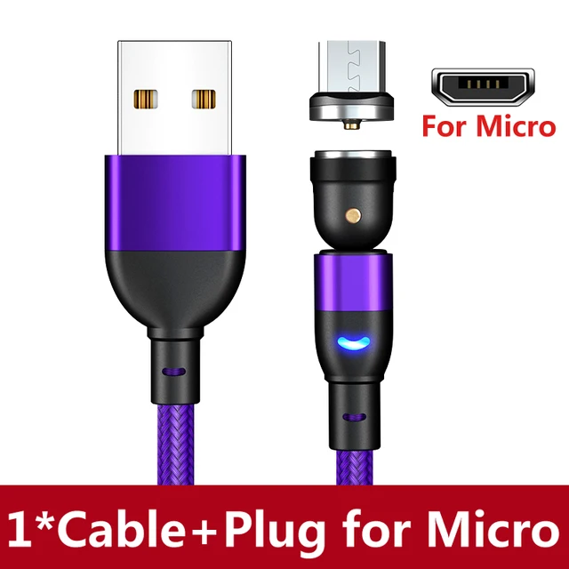 AUFU 540 Degrees Rotating Magnetic Cable Micro USB Type C Phone Cable For iPhone11 Pro XS Max Samsung Xiaomi USB Cord Wire Cable Purple for Micro