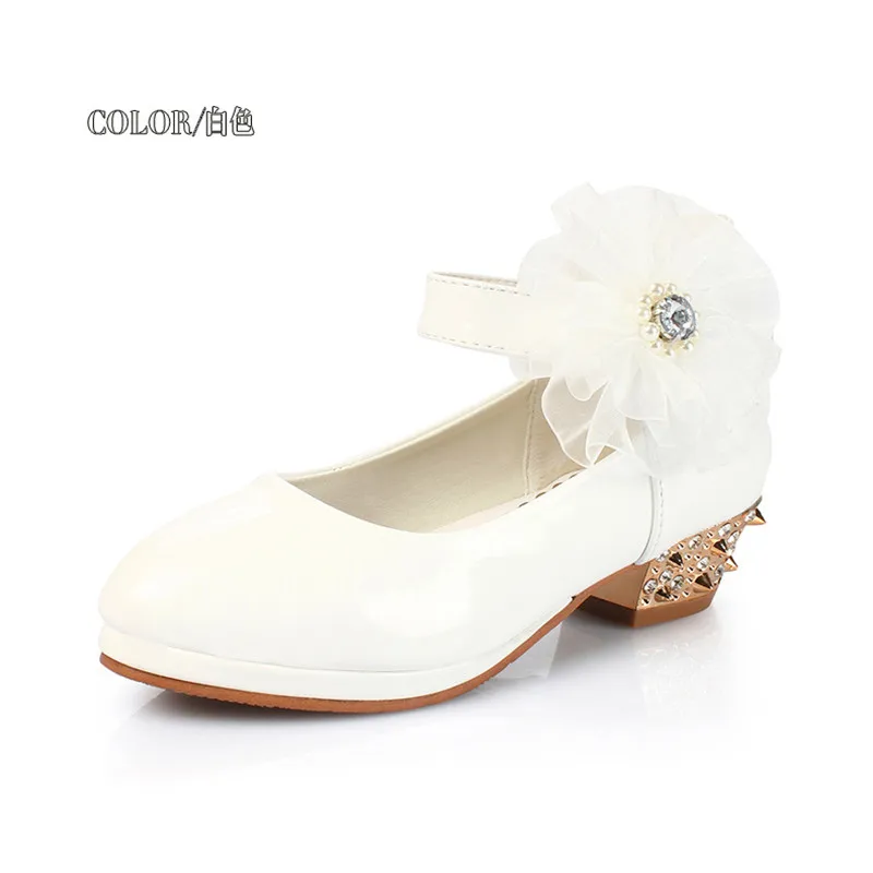 Fathion New Big Pearl Flower Girls PU Leather Shoes For Girls Party Dance Children Shoes Girls Princess High Heels Wedding Shoes