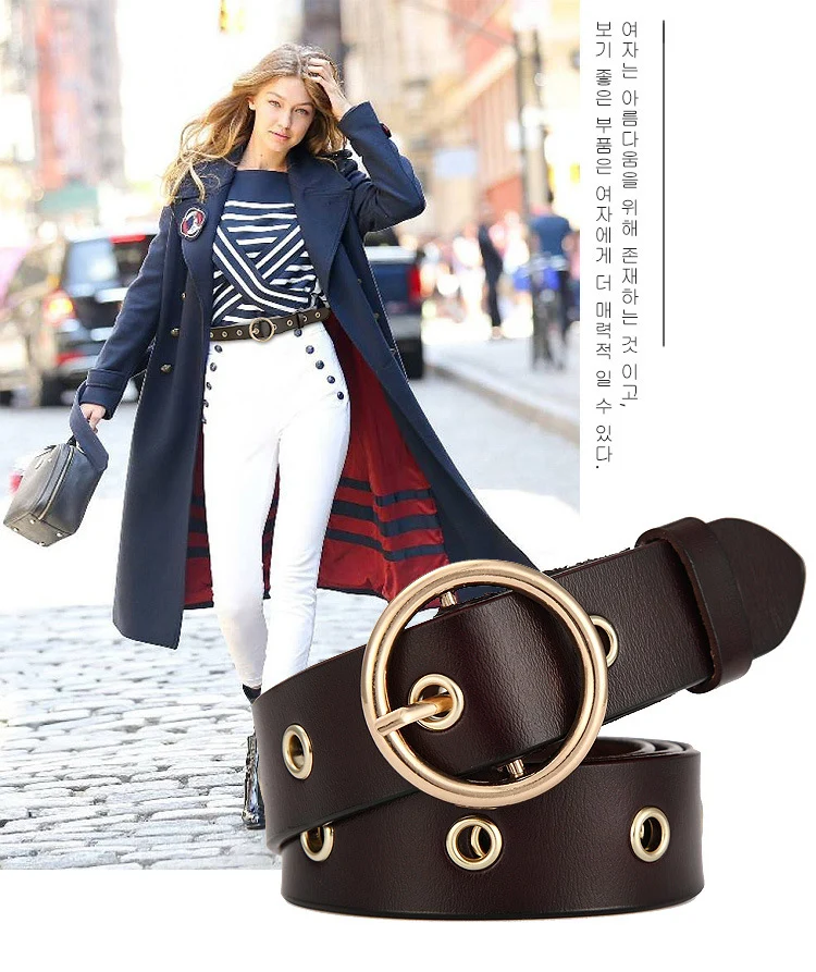 ZLD Vintage Ladies Girl Metal Boho Pure Leather Round Buckle Belt Fashion Belt Black Red Coffee Camel Openwork pin buckle belt