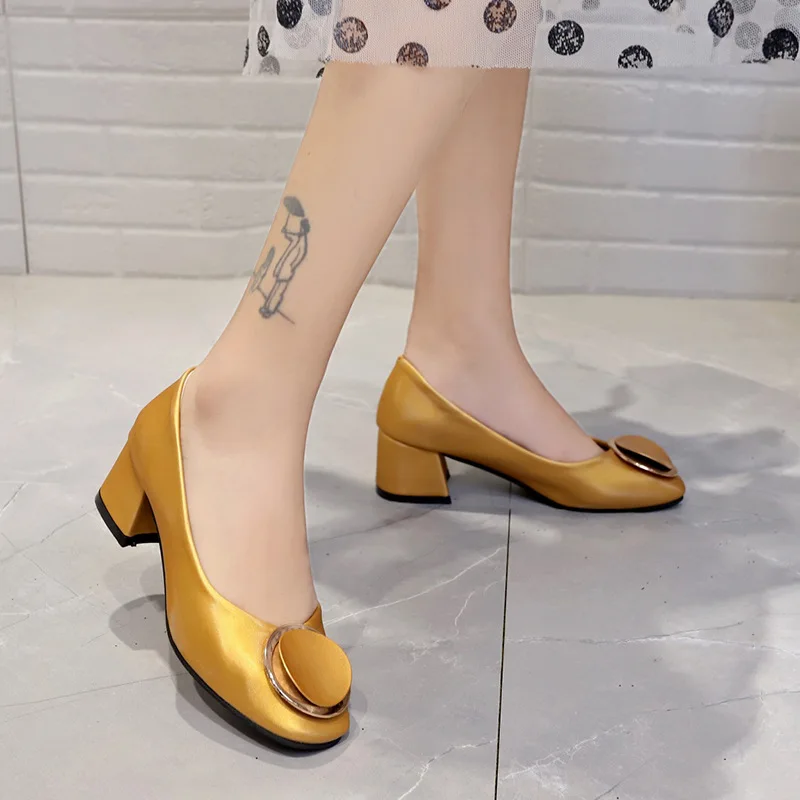 

Autumn Chunky-Heel Square Head Shallow Mouth Single Shoes Women's Korean-style Metal round Buckle Low-top Shoes Semi-high Heeled