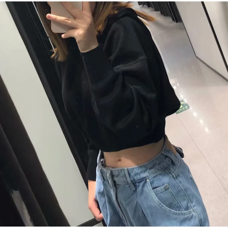 Autumn Casual Solid Short Sweatshirt Pullover Women Long Sleeve Hooded Hoody Ladies Fall Kawaii Women's Hoodies Pullovers