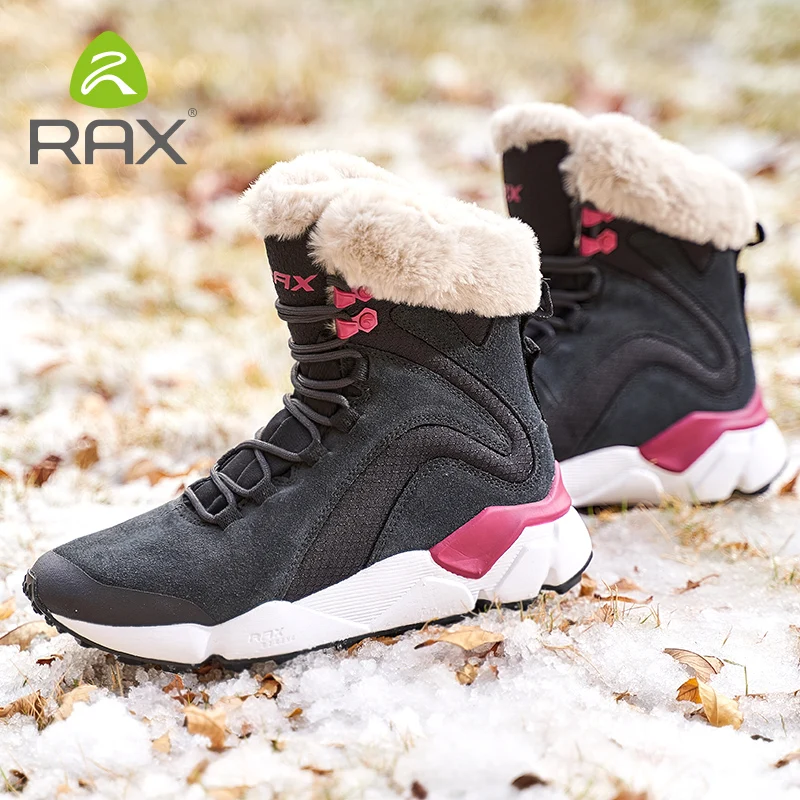 RAX Leather  Boots Winter with Fur Super Warm Snow Boots  Winter Work Casual Shoes Sneakers High Top Rubber Ankle Boots Female
