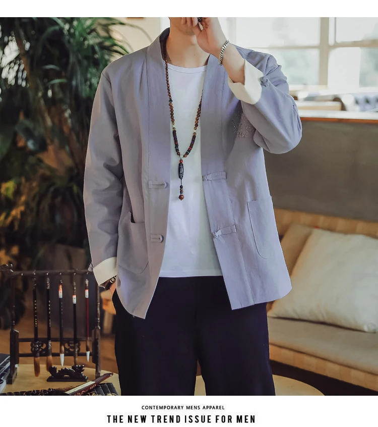 Autumn And Winter New Style Men Chinese-style Cotton Linen Thin Jacket Men Antique Style Retro Embroidered Cardigan Coat