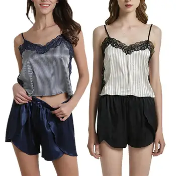 

Sexy Women Stripe Lace Brim V Neck Strap Top Camisole Shorts Outfit Sleepwear