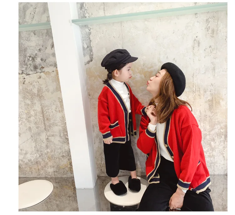 New England collage style spring fashion long-sleeved parenthood Sweater Cardigan both for MOM and girls