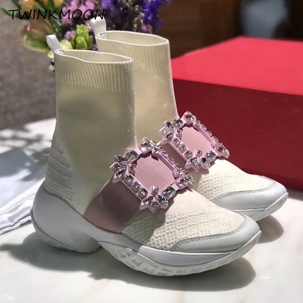 white pink crystal С украшением в виде кристаллов, с квадратной пряжкой вязаный носок сапоги для Для женщин модные сапоги на устойчивой массивной подошве повседневная обувь на платформе стразы ботильоны с эластичным голенищем - Цвет: white pink crystal