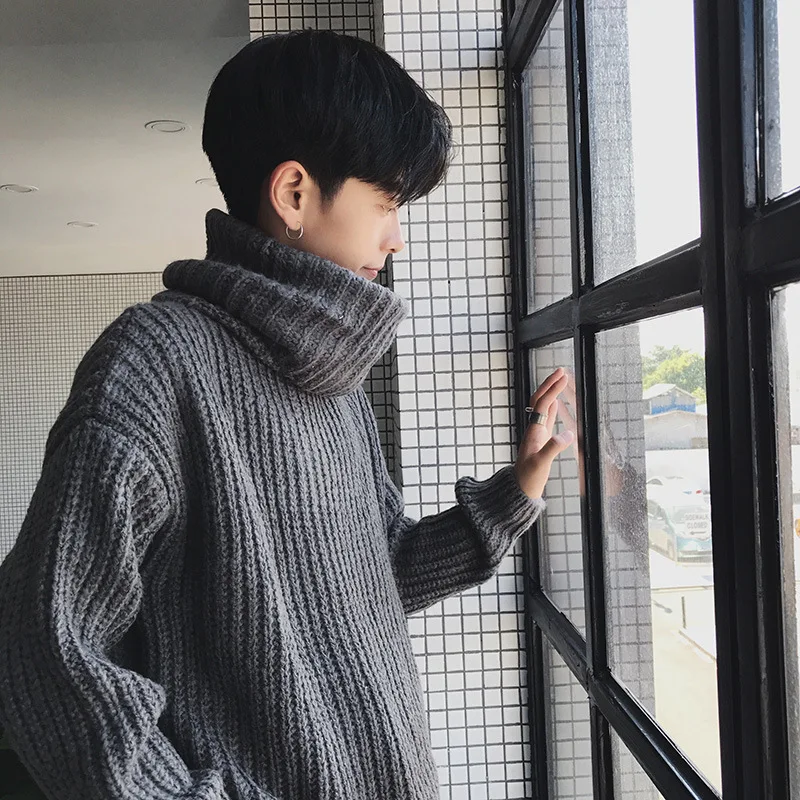 

2018 Autumn & Winter BOY'S High Collar Loose-Fit Knitted Sweater Men Thick Thread Versatile Base Cotton Knitwear MEN'S Knitwear