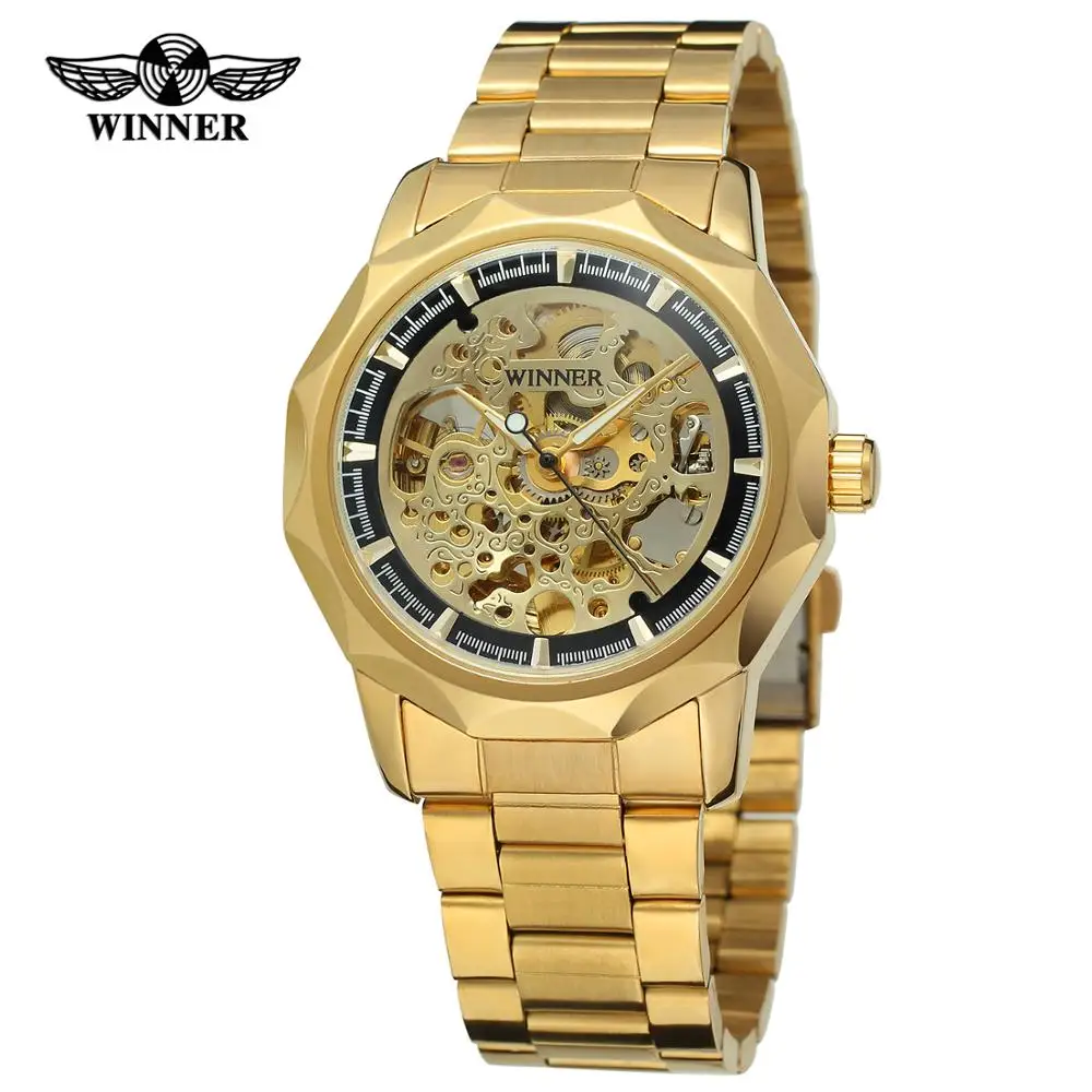 

WINNER Brand Business Gold Black Mens Automatic Self-wind Watch Diamond Stainless Steel Luxury Wrist Watches