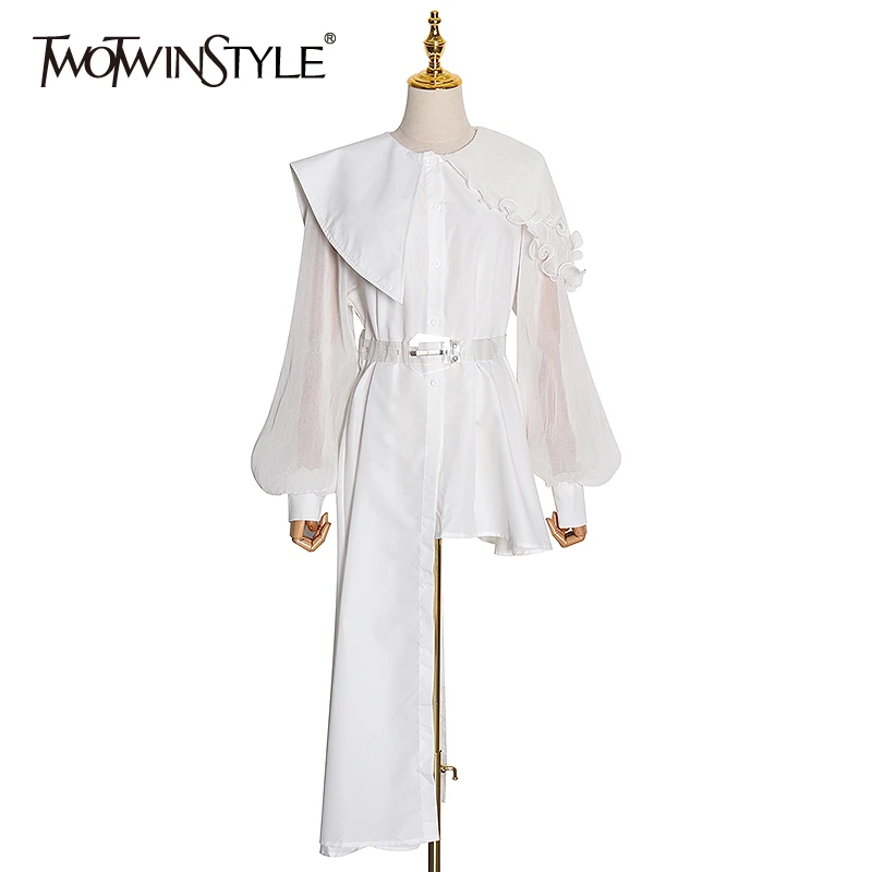 TWOTWINSTYLE Elegant Asymmetrical Women Dress Irreguar Collar Lantern Sleeve High Waist With Sashes Ruffles Dresses Female Tide TWOTWINSTYLE Elegant Asymmetrical Women Dress Irreguar Collar Lantern Sleeve High Waist With Sashes Ruffles Dresses Female Tide