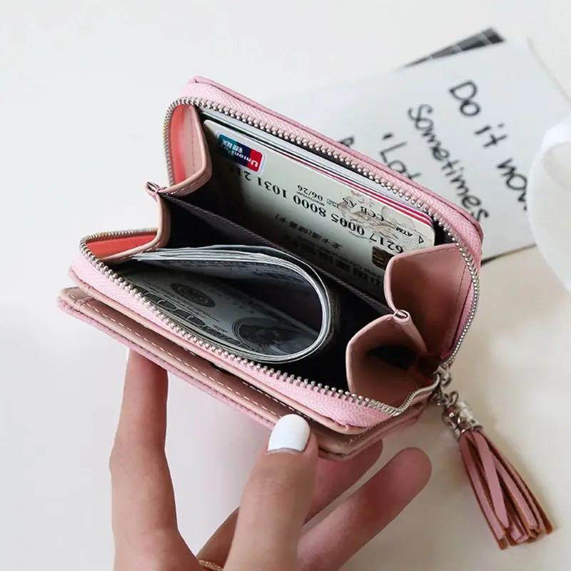 Женский короткий маленький кошелек, Дамский кожаный кошелек с кисточками и отделением для монет на молнии, держатель для карт, кошелек для денег, A69C