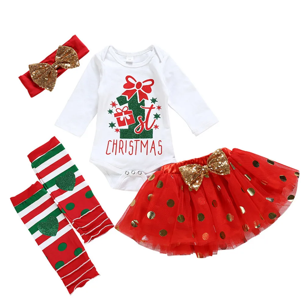 My First Christmas/комплект для девочек из 4 предметов, Одежда для новорожденных девочек, комбинезон с надписью+ юбка-пачка+ повязка на голову+ носки в полоску, комплект одежды