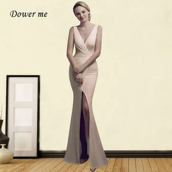 

Apricot Solid Evening Dress GDX373 Sexy Double V-Neck Formal Party Gowns Sleeveless Vestido De Fiesta Split Elegant Long Dresses