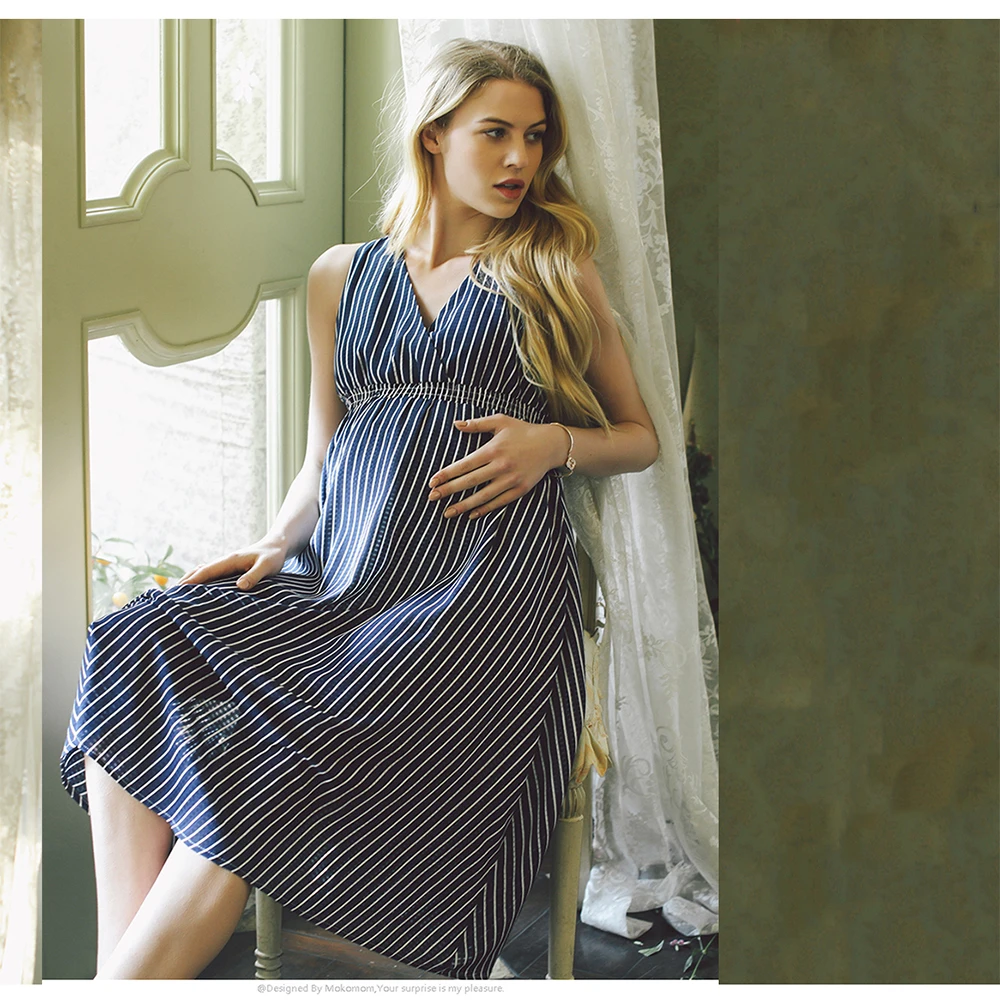 

Summer Blue Stripe Pregnant Woman Long Dress Chiffon Elegant Sleeveless V-neck Maternity Clothes M to 2xl for Photography