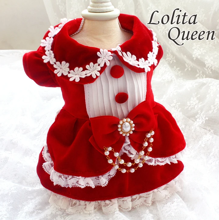 

Free shipping handmade adorable dog clothes cat Christmas like doll red velvet pearl Lolita Princess dog dresses poodle Maltese