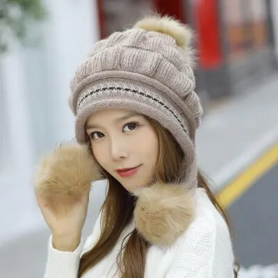 Милая утолщенная Лыжная шапка для девочек, новая модная зимняя женская шапка с помпонами из кроличьего меха, женские шапки, теплые перчатки Skullies+ вязаная шапка, комплект - Цвет: khaki Single hat
