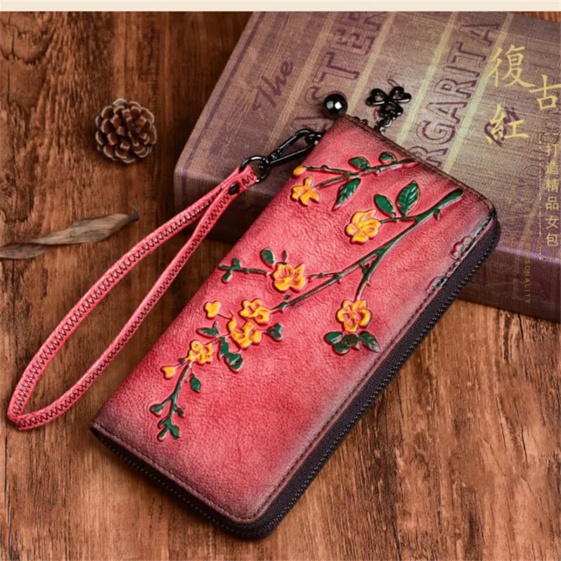

Nesitu New Vintage Brown Coffee Red Flower Pattern Vegatable Tanned Genuine Leather Women Wallet Phone Clutch Bag Purse M03
