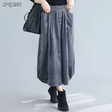 Высококачественная ретро юбка средней длины с эластичной талией, Женская Зимняя юбка-фонарик на пуговицах, черная Вельветовая юбка миди