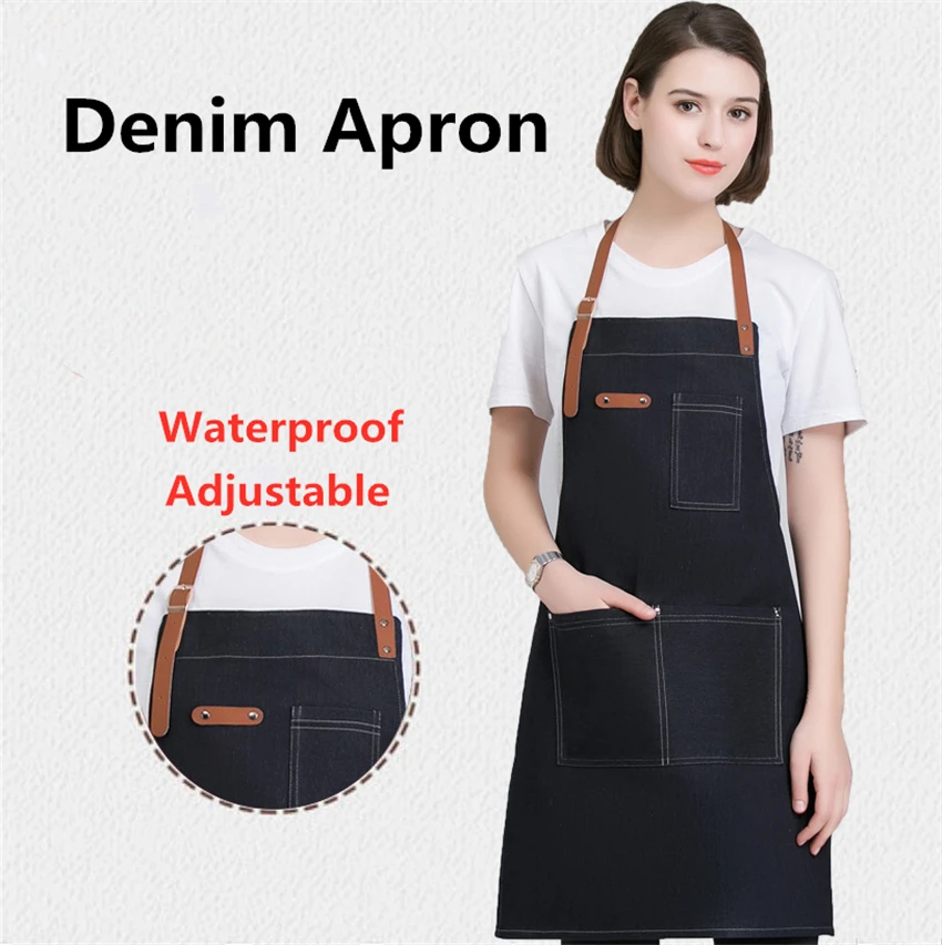 1PC Apron Kitchen Restaurant Chef Denim Bib Waterproof Coffee Shop Bakery Adjustable with Pocket BBQ Hairdresser Aprons