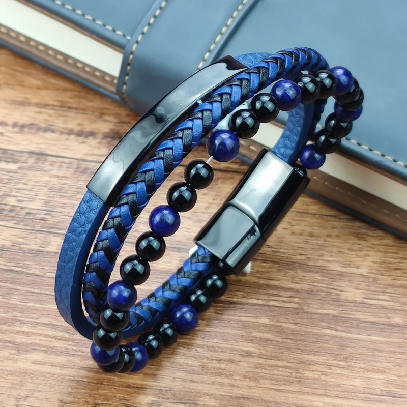 Pulsera de piedra azul 2021, pulsera trenzada de cuero azul auténtico, cierre magnético de acero inoxidable, brazaletes de cuentas de ojo de tigre, joyería para hombres