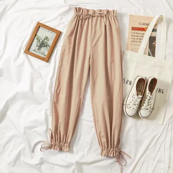 

All-match Pants Women Comfy Harem Pants Mid Waist Elastic Drawstring Solid Color Loose Straight Casual Long Nine Pants
