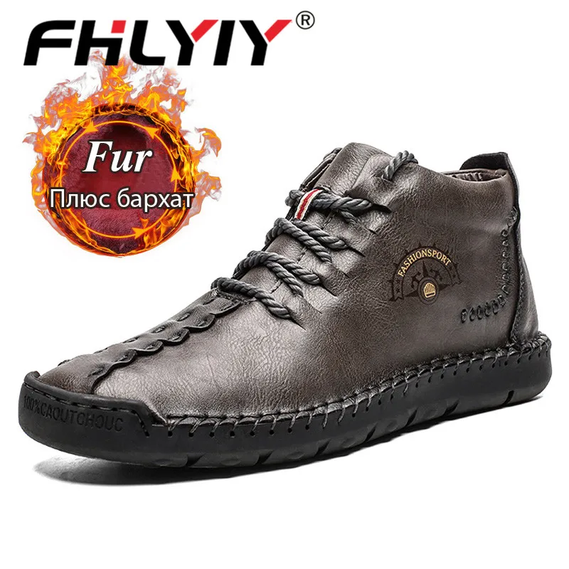 

Fhlyiy Brand Boots Men Outdoor Fashion Mens Boots Leather Warm Plush Snow/Ankle Boots Winter Leather Shoes Zapatos De Hombre